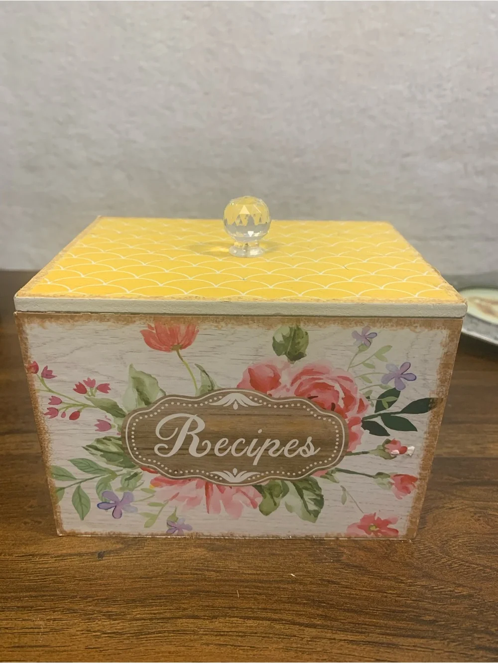 Vintage Wooden Cottagecore Grandma Recipe Box with Yellow Lid Blue/Green/Pink